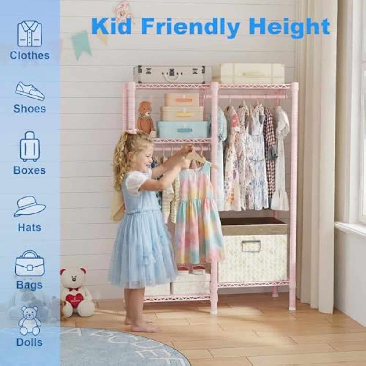 Ulif F1 Clothes Rack for Kids, Baby, Students, and Children's Room, 4 Tiers Portable Metal Closet Clothing Rack, Small Garment Rack with 2 Hanging Rod, 31.2" W x 11.8" D x 48" H, Pink