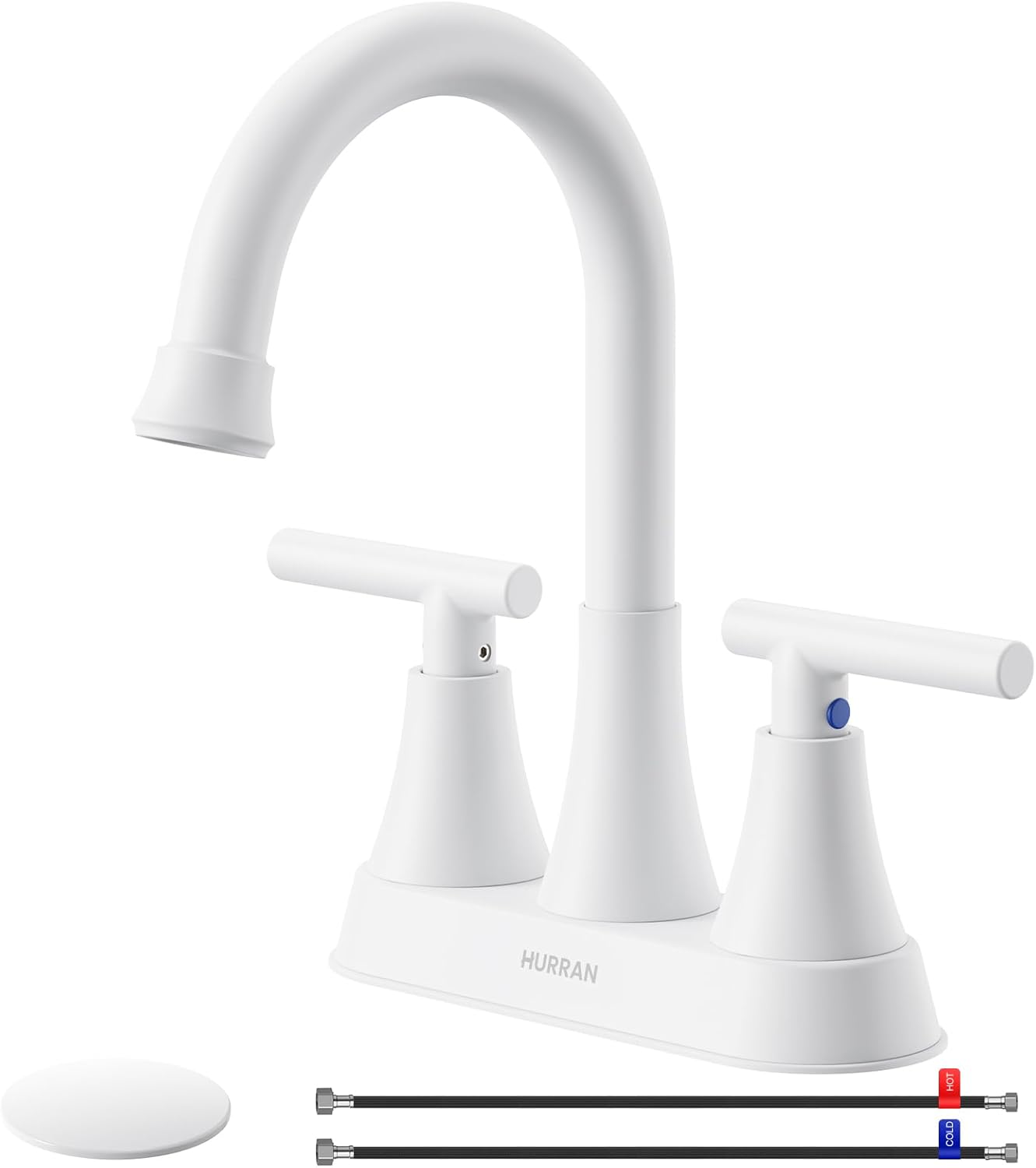 Bathroom Faucets for Sink 3 Hole, Hurran 4 inch Matte Black with Pop-up Drain and 2 Supply Hoses, Stainless Steel Lead-Free 2-Handle Centerset Faucet for Sink Vanity