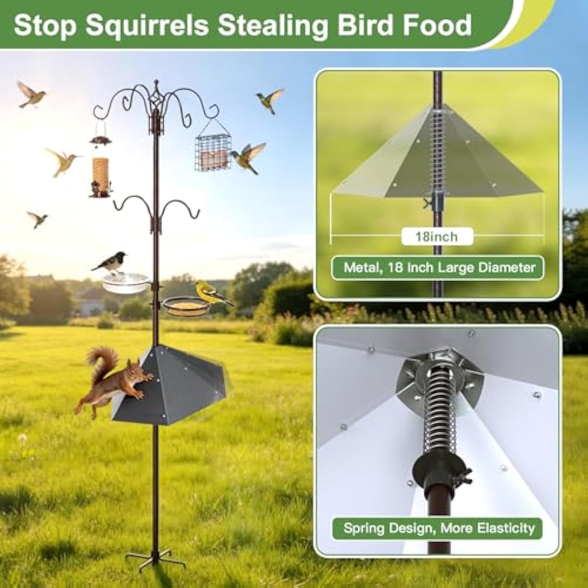 94" Bird Feeding Station Kit with Metal Squirrel Baffle, Heavy Duty Metal Bird Feeding Station with Seed Tray＆Mesh Basket, Easy Assembly Ground Mounted Bird Feeder Pole for Garden Yard Outdoor