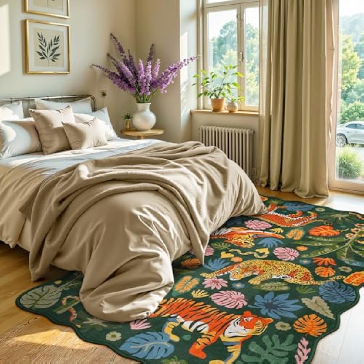 LEEVAN Jungle Animal Nursery Rugs 5x7, Washable Green Tiger Living Room Rugs Non Slip Scalloped Tiger Bedroom Rug, Low Pile Leopard Floor Carpet Leaf Print Kids Rug