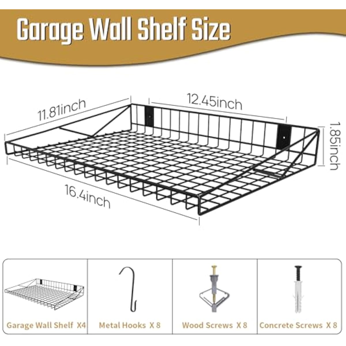 4 Pack Garage Wall Shelf, Garage Wall Mounted Shelving, Heavy Duty Floating Shelves With 8 Hooks, Loads 180 LBS Black Wall Shelves Mesh Storage Rack for Office, Basement, Wall Cabinet and Kitchen