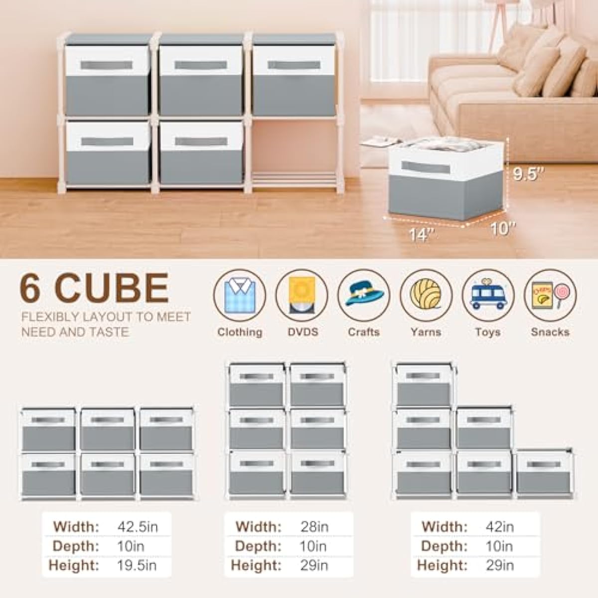 Thyle Large Cube Storage Organizer Shelf with 6 Bins 14 Inch Fabric Collapsible Cubby Storage Drawers Shelving Unit for Christmas Ornaments Clothes Toys Craft(Gray-white,Minimalist)
