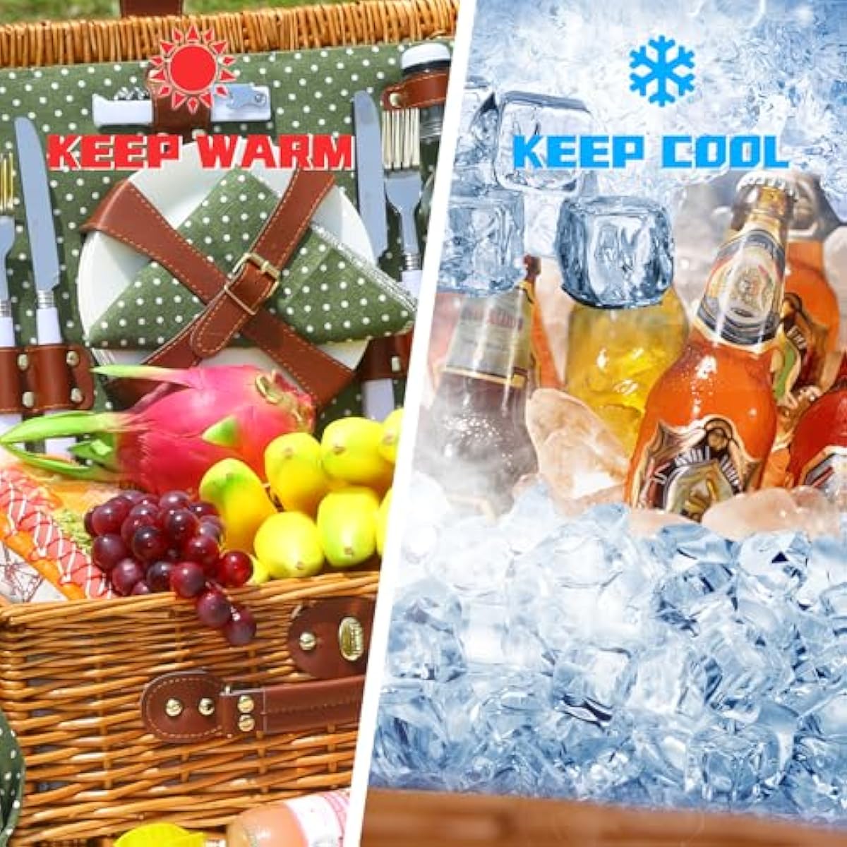 Picnic Basket for 4 Persons with Waterproof Picnic Blanket and Insulated Cooler, Large Wicker Picnic Basket for Camping, Outdoors, Valentine's Day, Christmas, Birthday, Wedding Gift