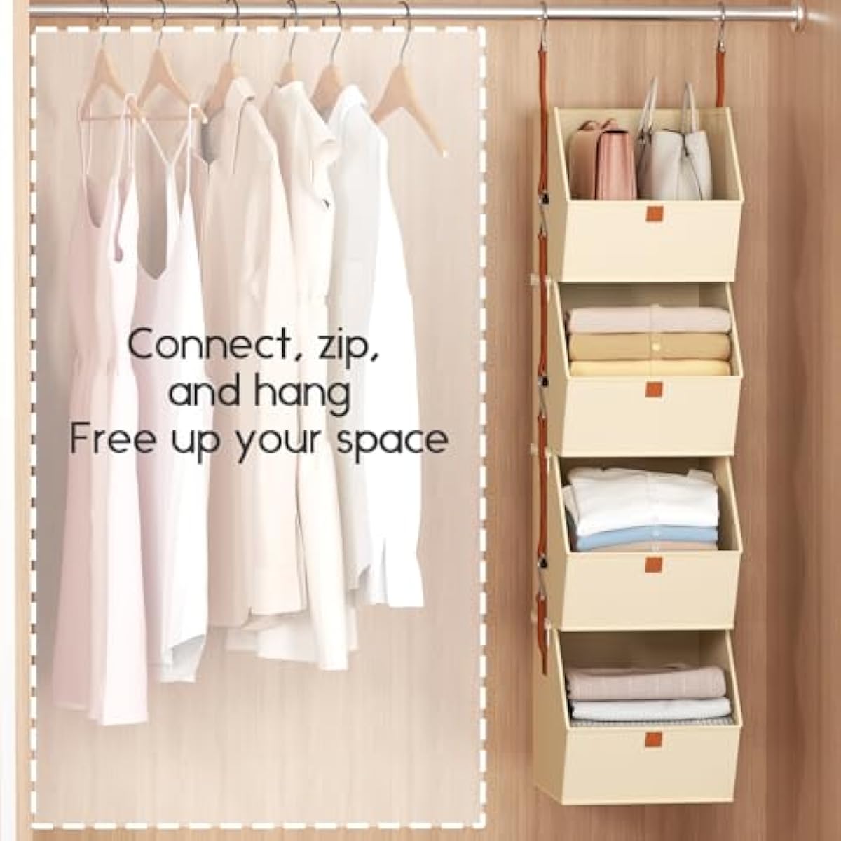 Hanging Closet Organizer 4 Tier - Clothes Hanging Shelves, Space-Saving Closet System, Fabric Storage Bins Bedroom Organization, Collapsible Baskets for Home, Dorm, Rv, Beige