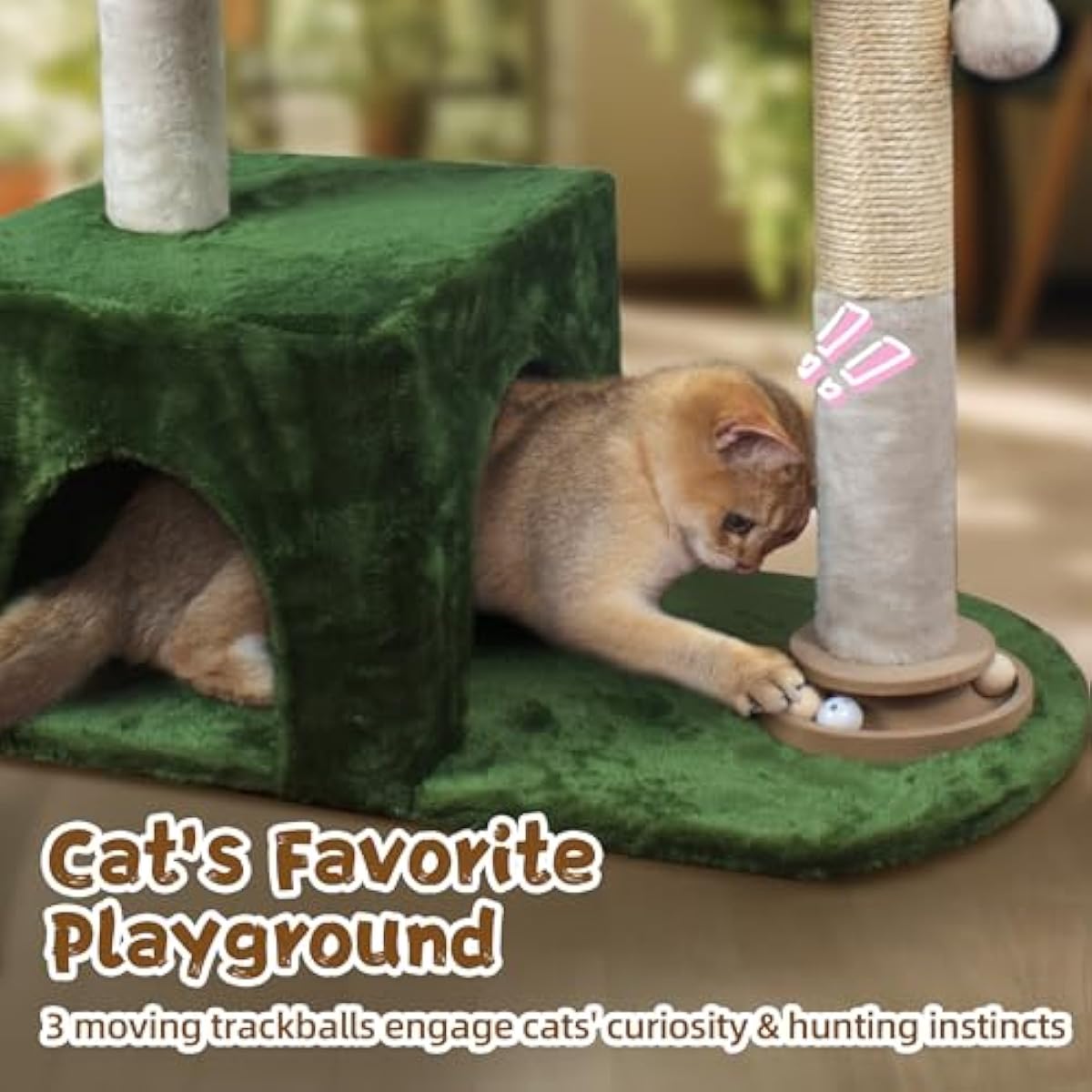 Cat Tree 38" Cat Tower with Large Hammock Metal, Cat Scratching Post for Indoor Cats with Condo, Cat Playground Track Balls and Bouncy Ball, Green and White