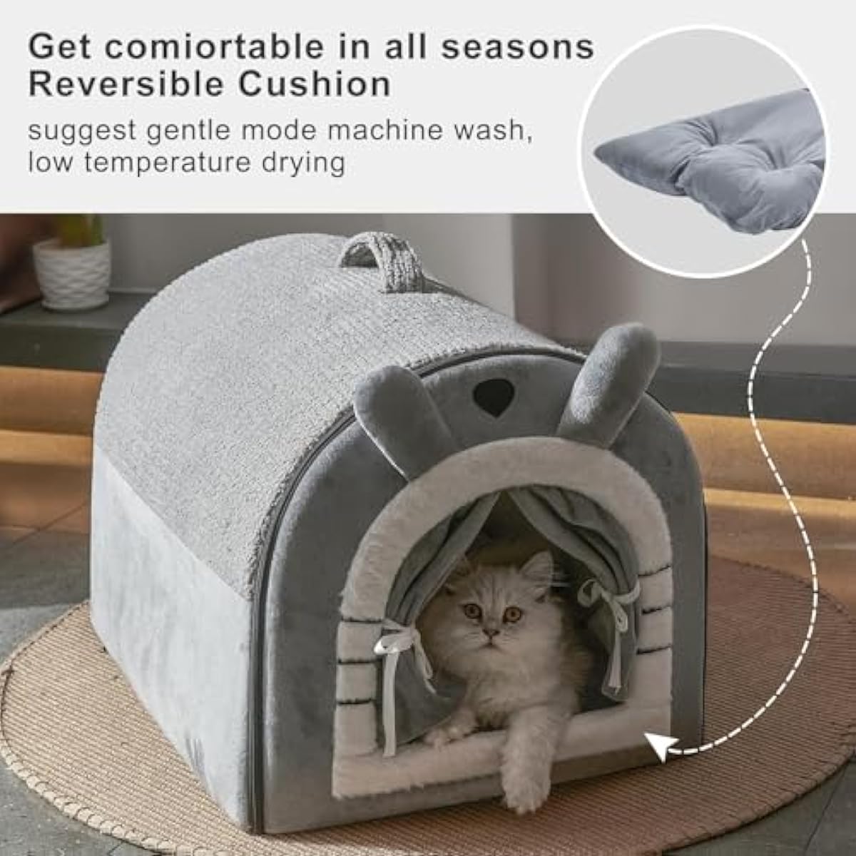 Jiupety Small Dog House Indoor, Dog Cave with Door Curtain Design, Puppy House with Reversible Washable Cushion, M Size Portable Pet Cave for 7-13 lb Cats and 5-11 lb Dogs, Non-Slip Bottom, Grey