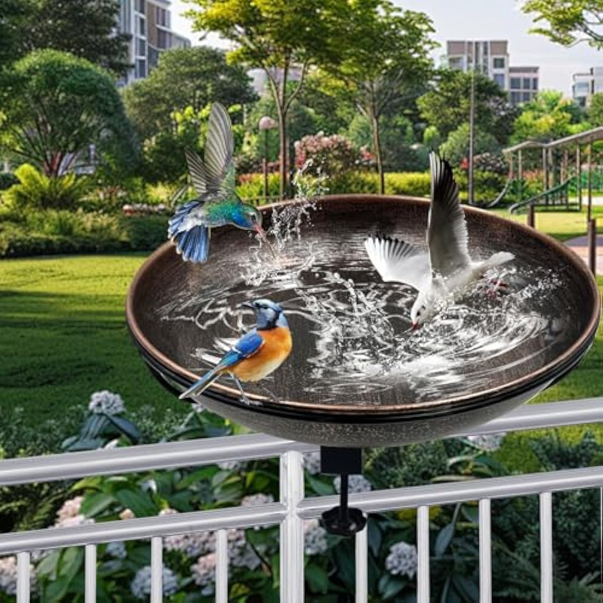 Deck Mounted Bird Bath, Easy to Clean12 Detachable Bath Bowl, Metal Birdbath for Outside with Sturdy Adjustable Clamp for Railing Balcony Fence Outdoor Decor 0.7 Gallon