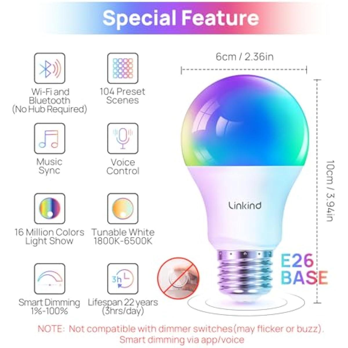 Linkind Smart Light Bulbs, Smart Bulb That Work with Alexa & Google Home, LED Light Bulbs Color Changing, 104 Preset Scene, Music Sync, A19 E26 2.4GHz RGBTW WiFi Bluetooth Light Bulb 60W, 800LM, 4Pack