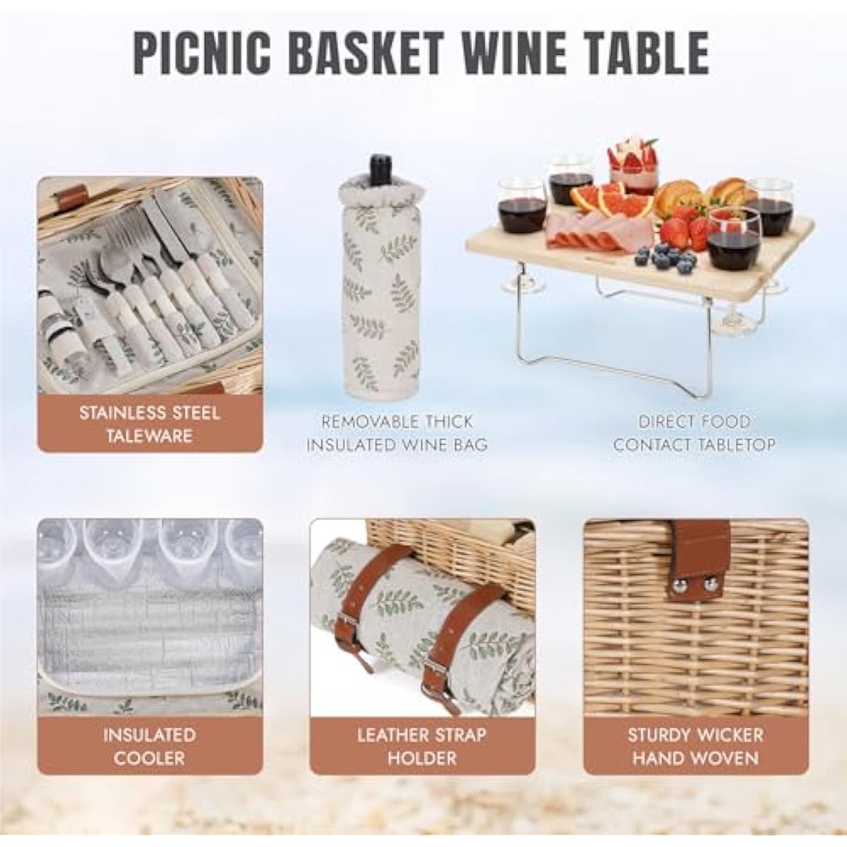 HappyPicnic Picnic Basket for 4, Handmade Wicker Picnic Set with Folding Table and Waterproof Blanket, Large Insulated Picnic Basket with Wine Bag & Cutlery Kit for Picnic, Camping, Holidays (Leaf)