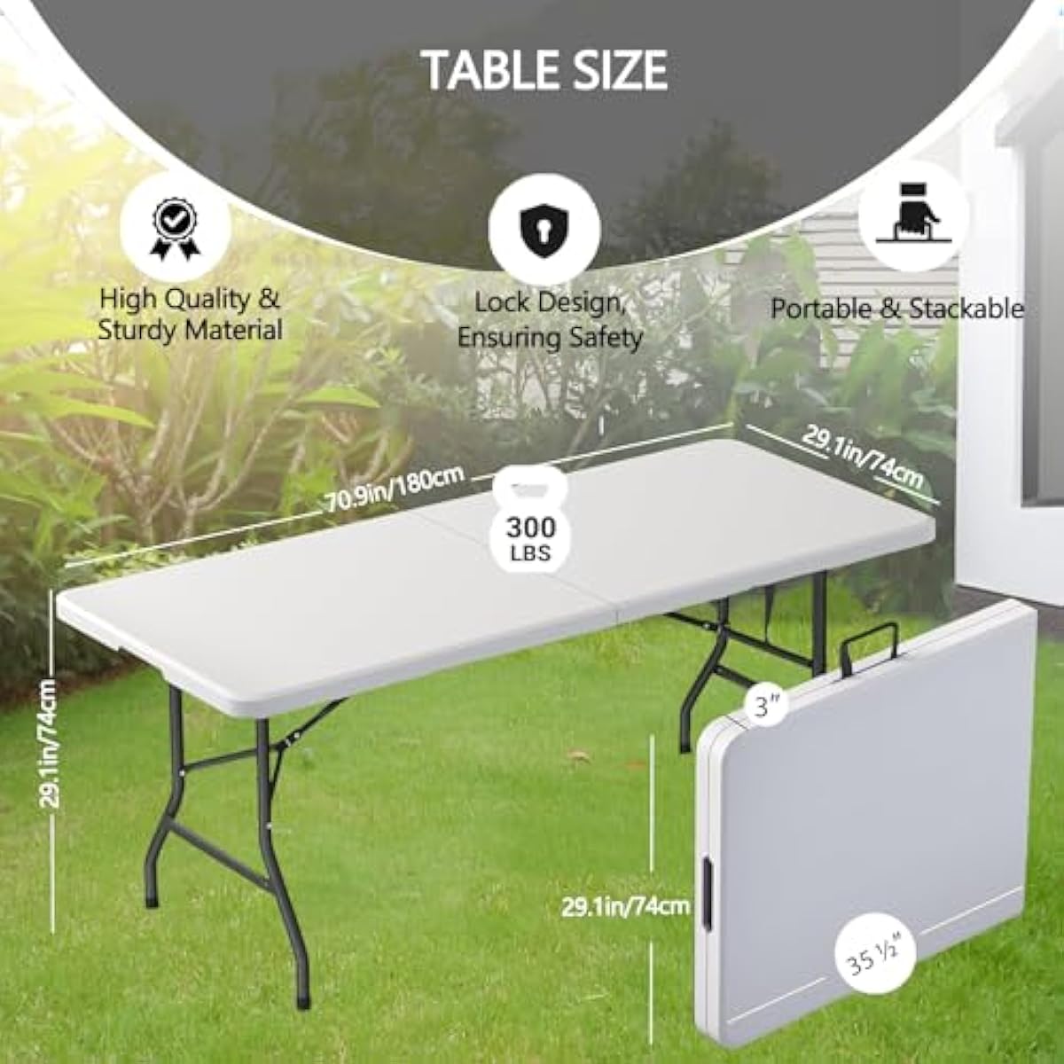 6ft Table Large Folding Table White Folding Table with Portable Carrying Handle 6ft Heavy Plastic Foldable Table for Party, Wedding, Events, Dining, Camping, Picnic Indoor, Outdoor, Utility