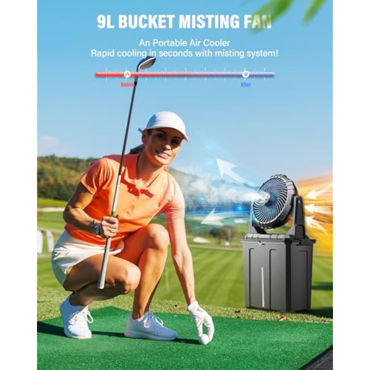 Ausic 9L Bucket Portable Misting Fan for Outdoors Patios - 10IN, 20000mAh Rechargeable Battery Operated Camping Fan, 3 Strong Winds, 3 Large Spray Outlets, for Fishing/Travel/Garden/Golf/Tent/Office