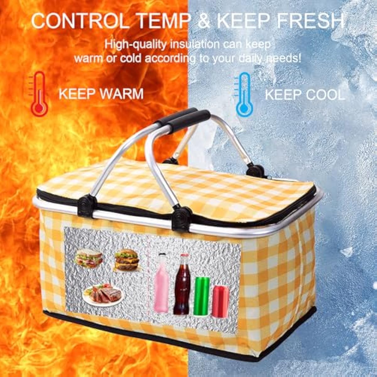 Insulated Picnic Basket，Collapsible Picnic Basket，30L Large Market Basket with Lid，2 Sturdy Handles，Storage Basket for Picnic，for Food Delivery，Take Outs，Market Shopping，Travel(Yellow Grid)