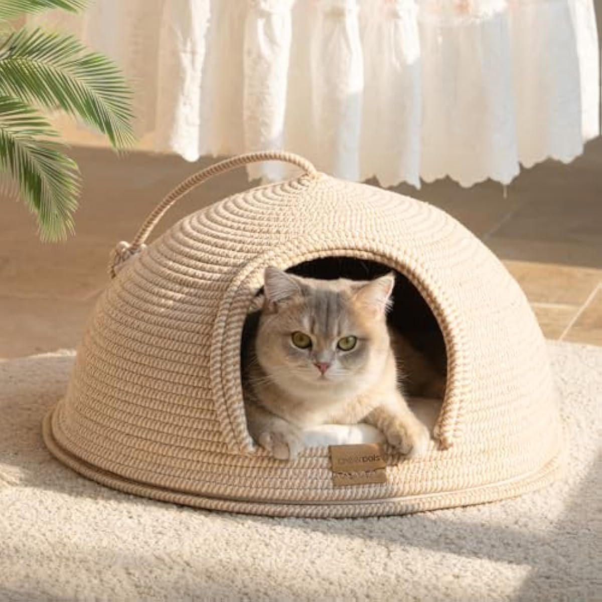 CHEERPALS Cat Cave Bed for Indoor Cats, 3 in 1 Cat House with Washable Cushion and Ball, Scratcher Bed, Cute Rope Bed for Kittens and Large Cat(White)