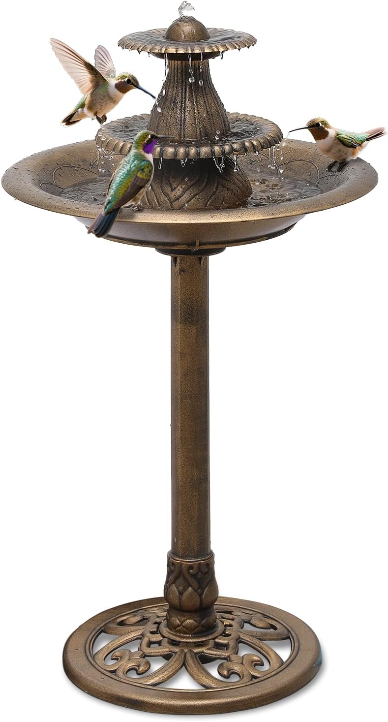 Athena Collection 37'' Height Bird Bath Vintage Pedestal Birdbath Electric Water Fountain with Recirculating Pump Polypropylene Floral Accents 3 Tier Birdbath for Outside, Patio, Garden, Green