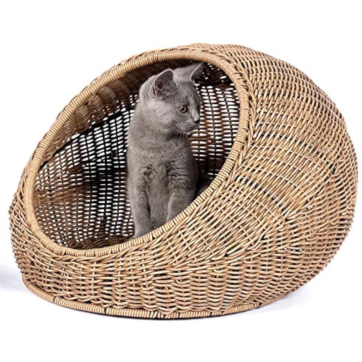 D+GARDEN Wicker Cat Bed Dome for Medium Indoor Cats - a Covered Cat Hideaway Hut of Faux Rattan Houses Pets in Dome Basket, Washable
