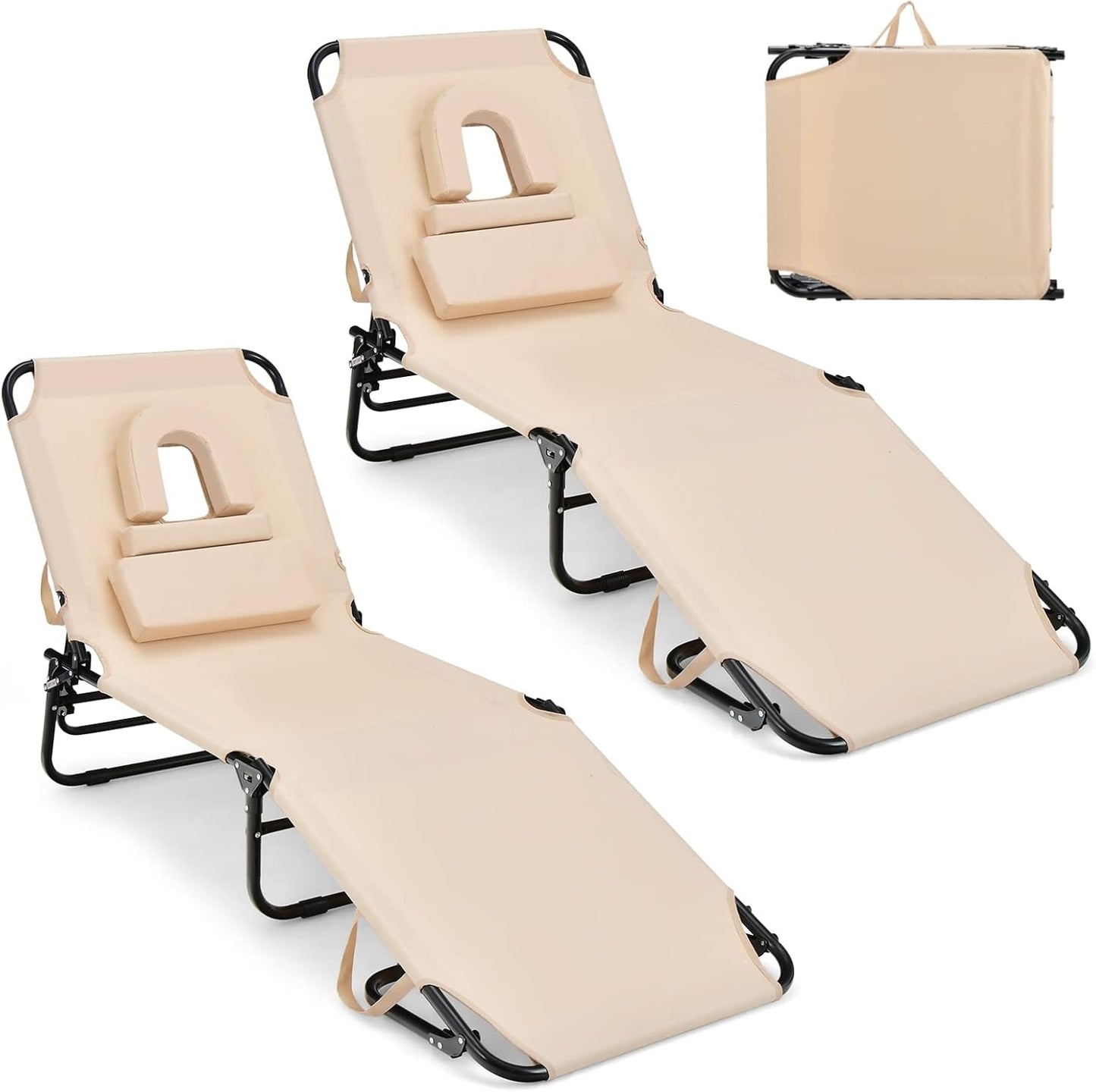 GYMAX Tanning Chair, 330lbs Beach Lounge Chair with Face Hole, Washable Pillow & Carry Strap, Adjustable Folding Chaise Lounge, Layout Chair for Outside, Patio, Poolside, Lawn (1, Stripe)