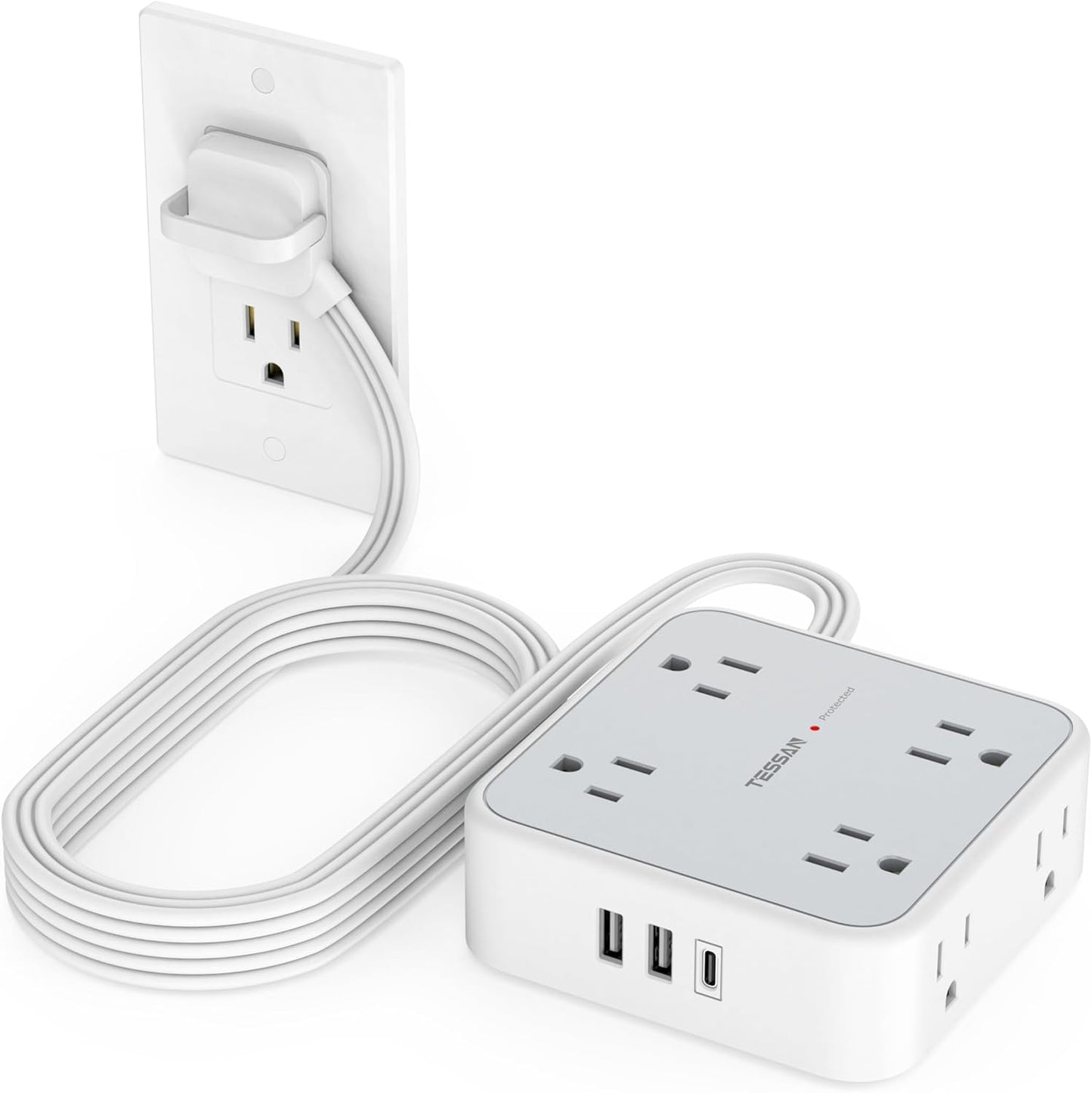 TESSAN Surge Protector Power Strip, 5 Ft Flat Plug Extension Cord with 3 USB (1 USB C) 8 Outlets, 1250W, 900J Protection, 3 Sided Outlet Extender with Power Switch for Office, Dorm Room Essentials