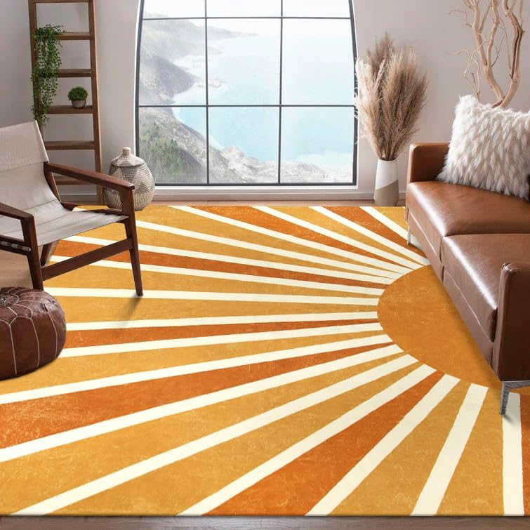 Lahome Boho Round Rugs - 4Ft Washable Non-Slip Small Round Area Rug Throw Soft Sofa Kids Nursery Room Rug Rainbow Sun Print Distressed Round Carpet for Bedroom Entryway Living Room Dining Room