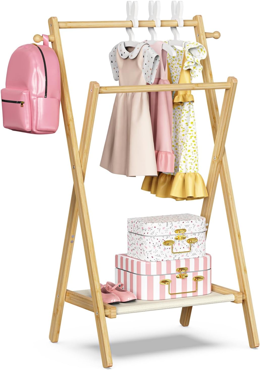 Kids Clothing Rack, Small Clothes Rack for Toddler Pets, Kids Dress Up Rack with Storage Shelf & Double Rods, Foldable Kids Clothes Rack for Nursery Child's Room (Regular Size)