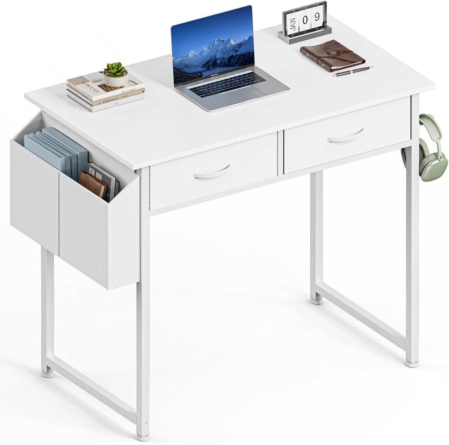 Sweetcrispy Computer Desk with Drawers, 47 Inch Home Office Bedroom Table with 4 Fabric Drawers & 2 Mesh Storage Shelves, Wood Table with X-Shaped Structure for Writing Study PC Desk, Brown