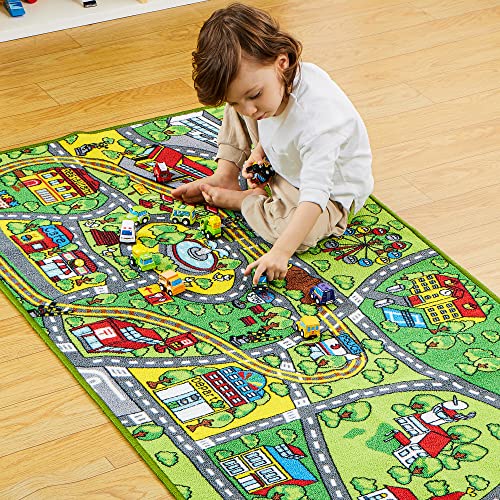 JOYIN Carpet Playmat w/ 12 Cars Pull-Back Vehicle Set for Kids Age 3+, Jumbo Play Room Rug, City Pretending Play