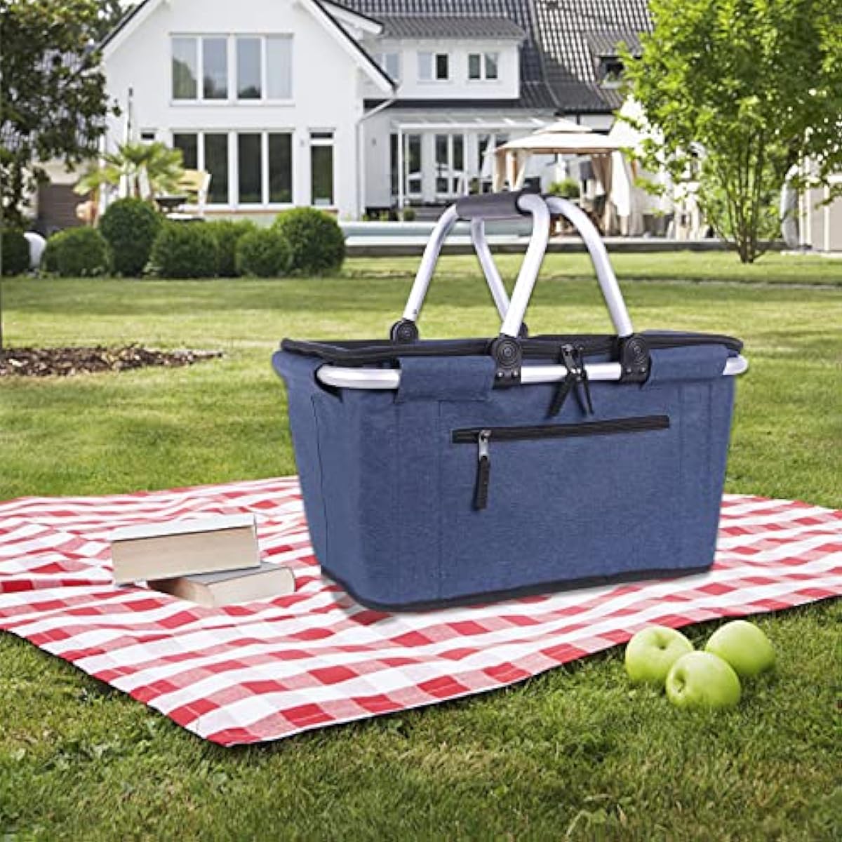 Picnic Basket, SIYUAN Collapsible Shopping Basket with Lid 27L Large Market Basket with Handles Reusable Folding Grocery Basket Insulated Cooler Bag for Picnic Travel, Blue
