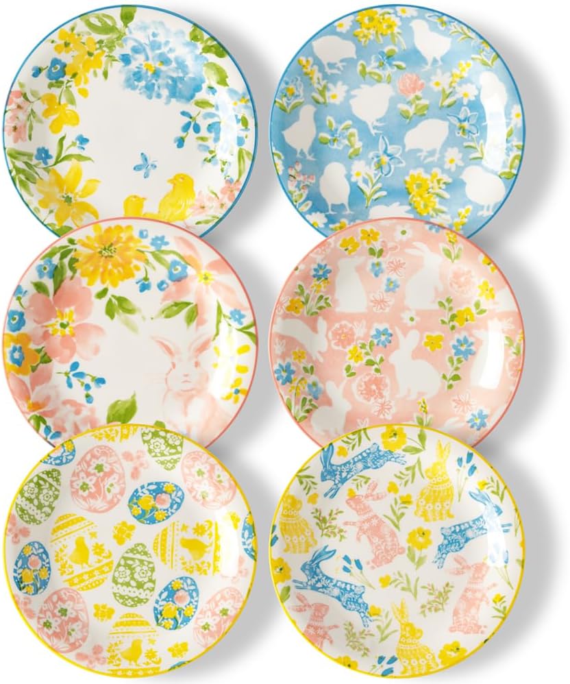 Easter Salad Plates, 8" Ceramic Bunny Plate Set, Dessert Appetizer Dishes Set of 6, Watercolor Style, Dishwasher & Microwave Safe, Set of 6