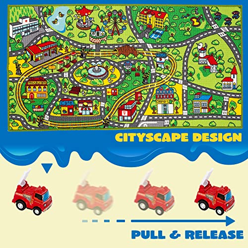 JOYIN Carpet Playmat w/ 12 Cars Pull-Back Vehicle Set for Kids Age 3+, Jumbo Play Room Rug, City Pretending Play