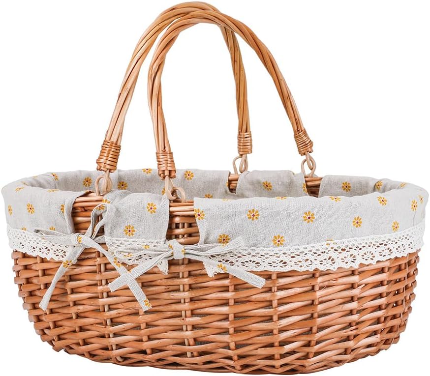 Large Wicker Picnic Basket with Handles,Handle Sturdy Woven Body with Removable and Washable Lining,Outdoor Camping,Gift Packing,Garden Picking, Storage.White Flower