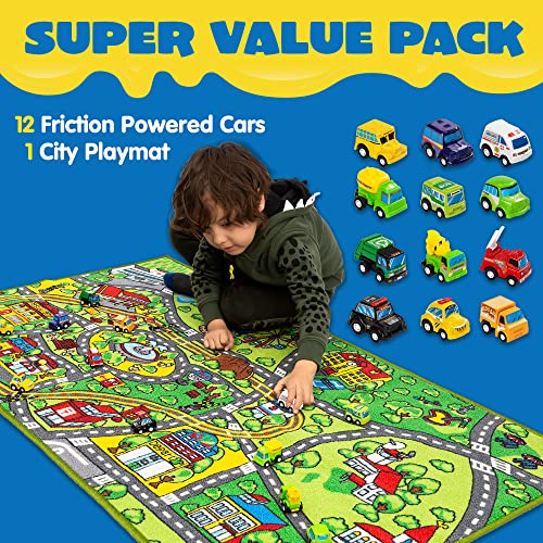JOYIN Carpet Playmat w/ 12 Cars Pull-Back Vehicle Set for Kids Age 3+, Jumbo Play Room Rug, City Pretending Play