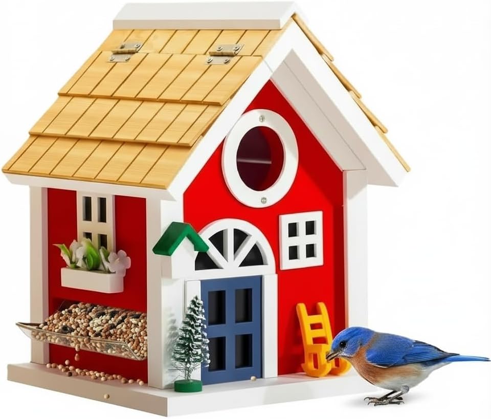 Masterpiece Bluebird House for Outside Clearance,Hanging Bird House for Outdoor, Stone Villa, River Pebbles Birdhouse for Outside, Garden Statue Solid Wood Longtime Lasting, Post Pole Mountable