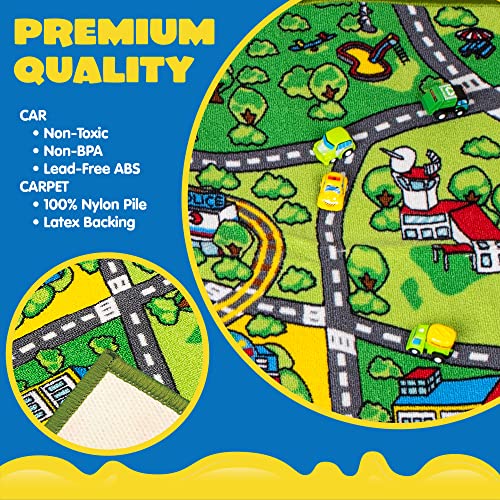 JOYIN Carpet Playmat w/ 12 Cars Pull-Back Vehicle Set for Kids Age 3+, Jumbo Play Room Rug, City Pretending Play