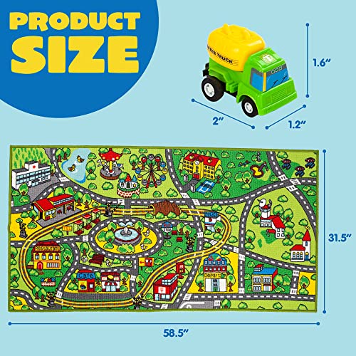 JOYIN Carpet Playmat w/ 12 Cars Pull-Back Vehicle Set for Kids Age 3+, Jumbo Play Room Rug, City Pretending Play