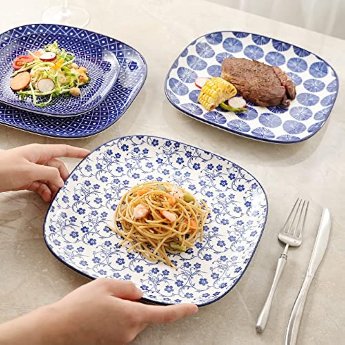 Selamica Porcelain Square Dessert Salad Pasta Plates 7.6 inches ceramic plates set of 6 microwave/dishwasher/oven safe, Vintage Blue