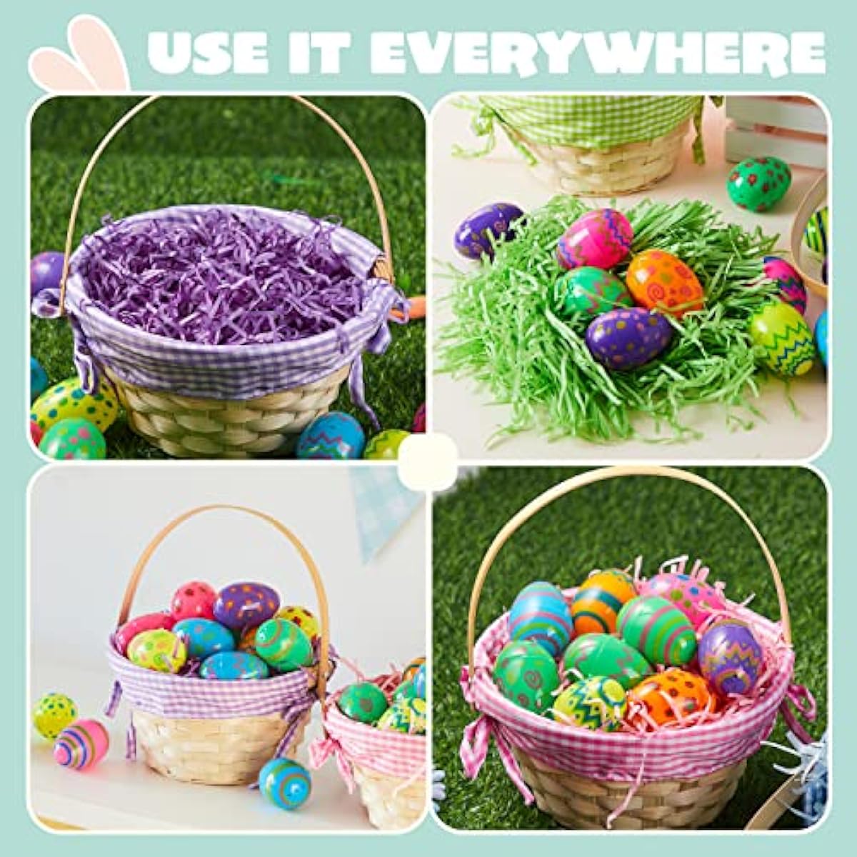 JOYIN 4 Pcs Easter Bamboo Baskets Gift Woven Baskets with Handles and 4 Colors Grass Paper Shreds, Candy Wicker Candy Toys Storage Bucket for Easter Egg Hunt, Kids Party Supplies(9" X 8")