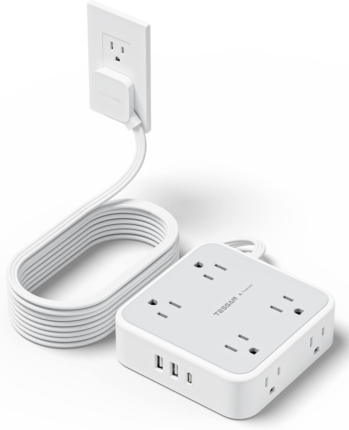 TESSAN Surge Protector Power Strip, 5 Ft Flat Plug Extension Cord with 3 USB (1 USB C) 8 Outlets, 1250W, 900J Protection, 3 Sided Outlet Extender with Power Switch for Office, Dorm Room Essentials