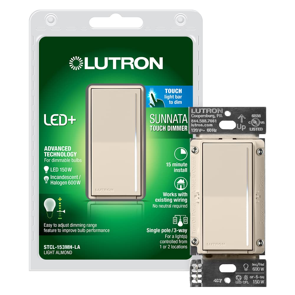 Lutron Sunnata Touch Dimmer Light Switch with Wallplate, LED+ Advanced Technology for LED and Incandescent, 3 Way/Multi Location, STCL-153MW-WH, White