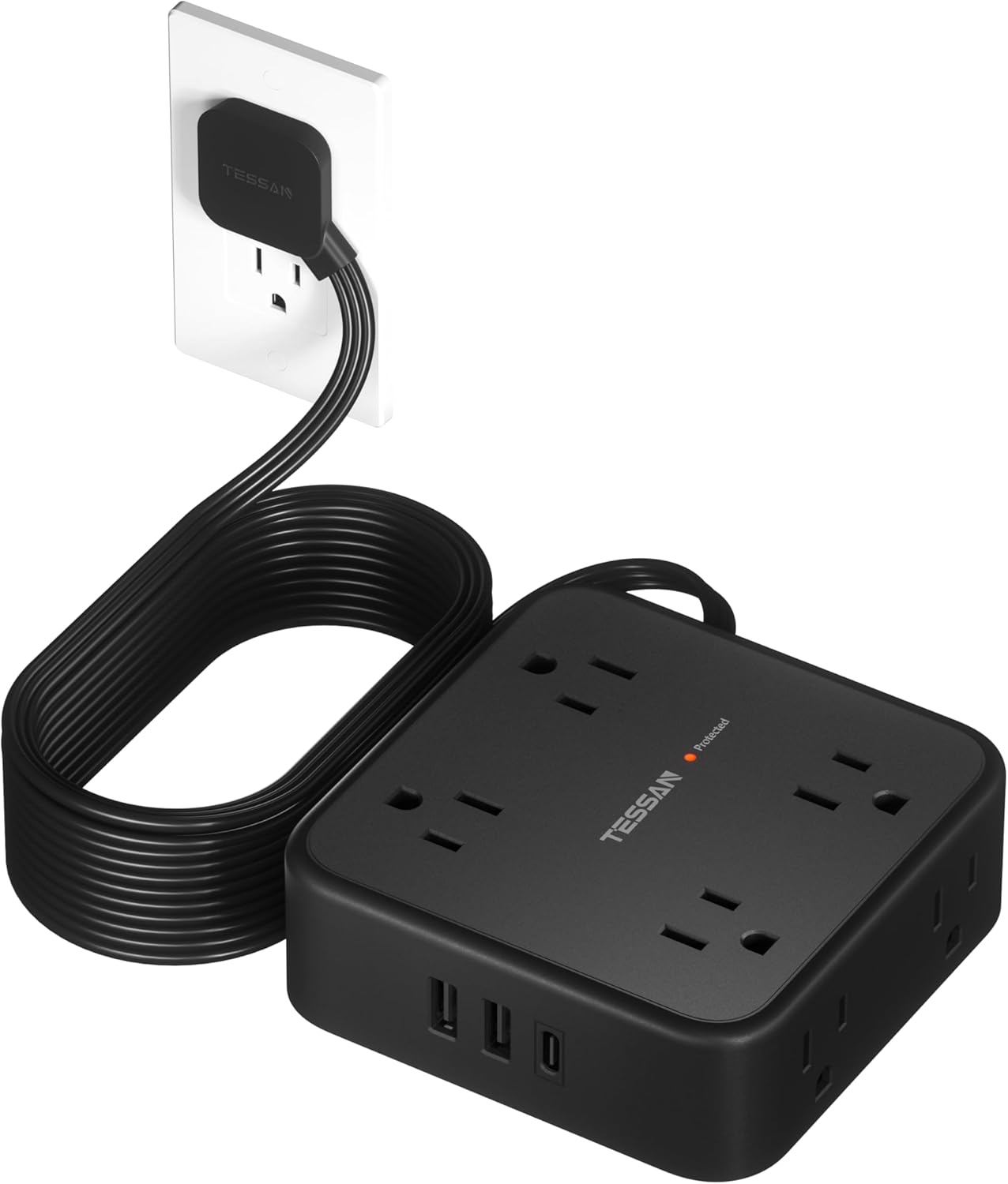 TESSAN Surge Protector Power Strip, 5 Ft Flat Plug Extension Cord with 3 USB (1 USB C) 8 Outlets, 1250W, 900J Protection, 3 Sided Outlet Extender with Power Switch for Office, Dorm Room Essentials