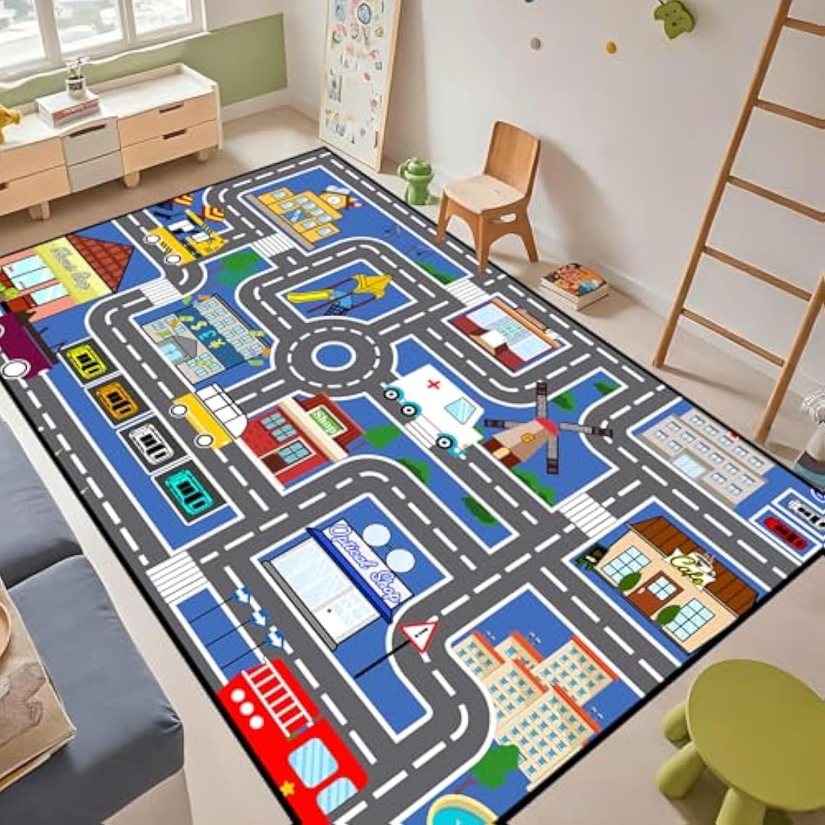 5x7 ft Kids Car Rug - Large Blue Traffic Road Play Mat for Cars, Educational City Play Carpet for Playroom, Nursery & Bedroom Decor