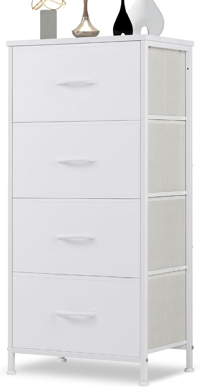 DUMOS Dresser for Bedroom, Storage Organizer with 9 Drawers, Chest of Drawers with Fabric Bins, Sturdy Metal Frame, Wood Tabletop for Guest Room, Closet, Entryway, White