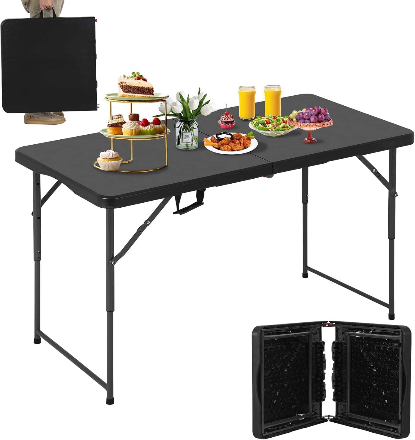 6ft Folding Table - Heavy Duty Portable 6 Foot Plastic Table with Fold-in-Half Design & Carry Handle, Indoor Outdoor Utility Table for Dining, Camping, Parties, Picnics, Tailgating (6FT, Black) ﻿
