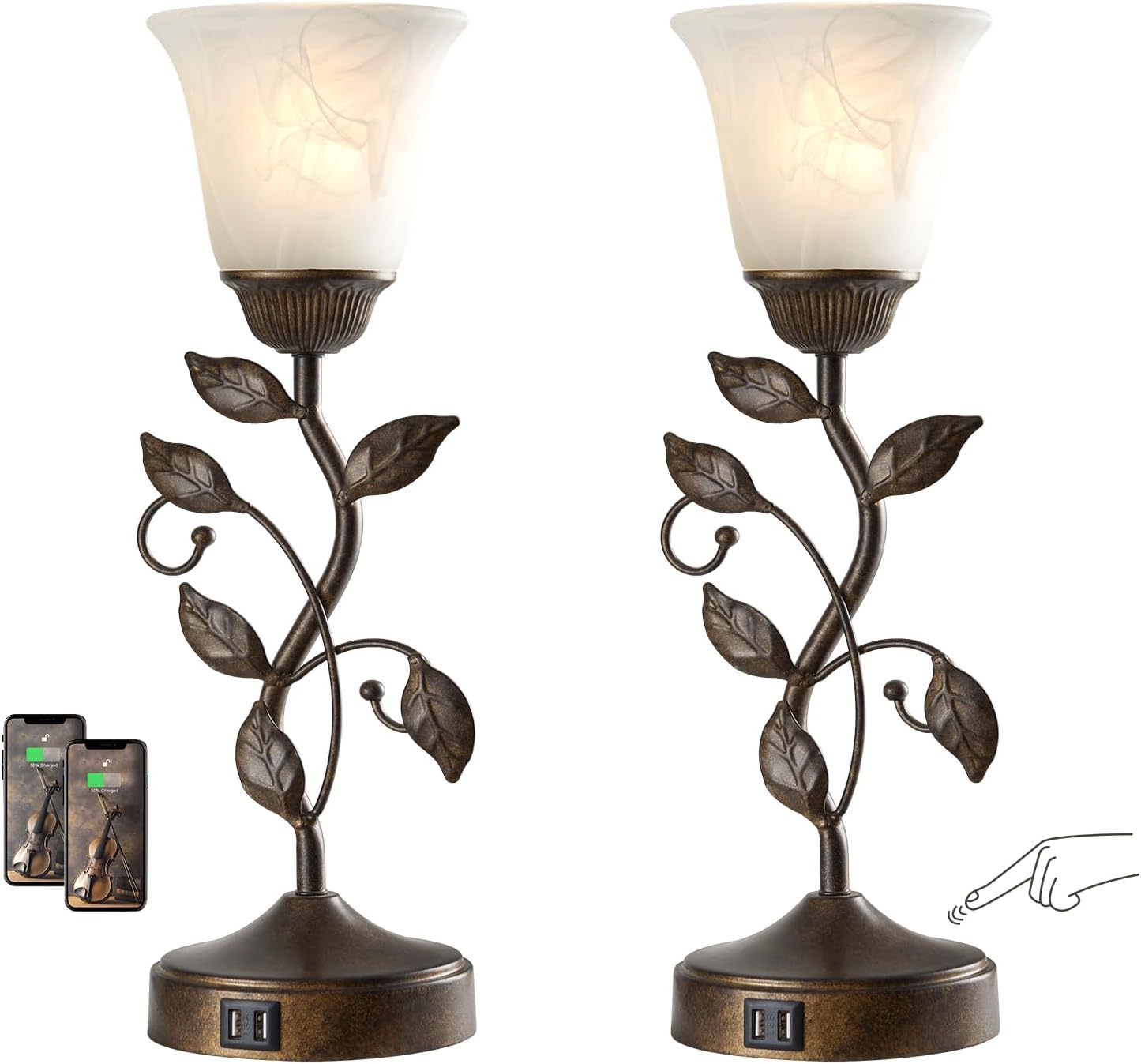 Touch Control Table Lamp with 2 USB Charging Ports, 3-Way Dimmable Bedside Nightstand Lamps, Amber Glass Shade Vintage Rural Leaf Lamp for Living Room, Bedroom, Dresser, LED Bulb Included (Bronze)