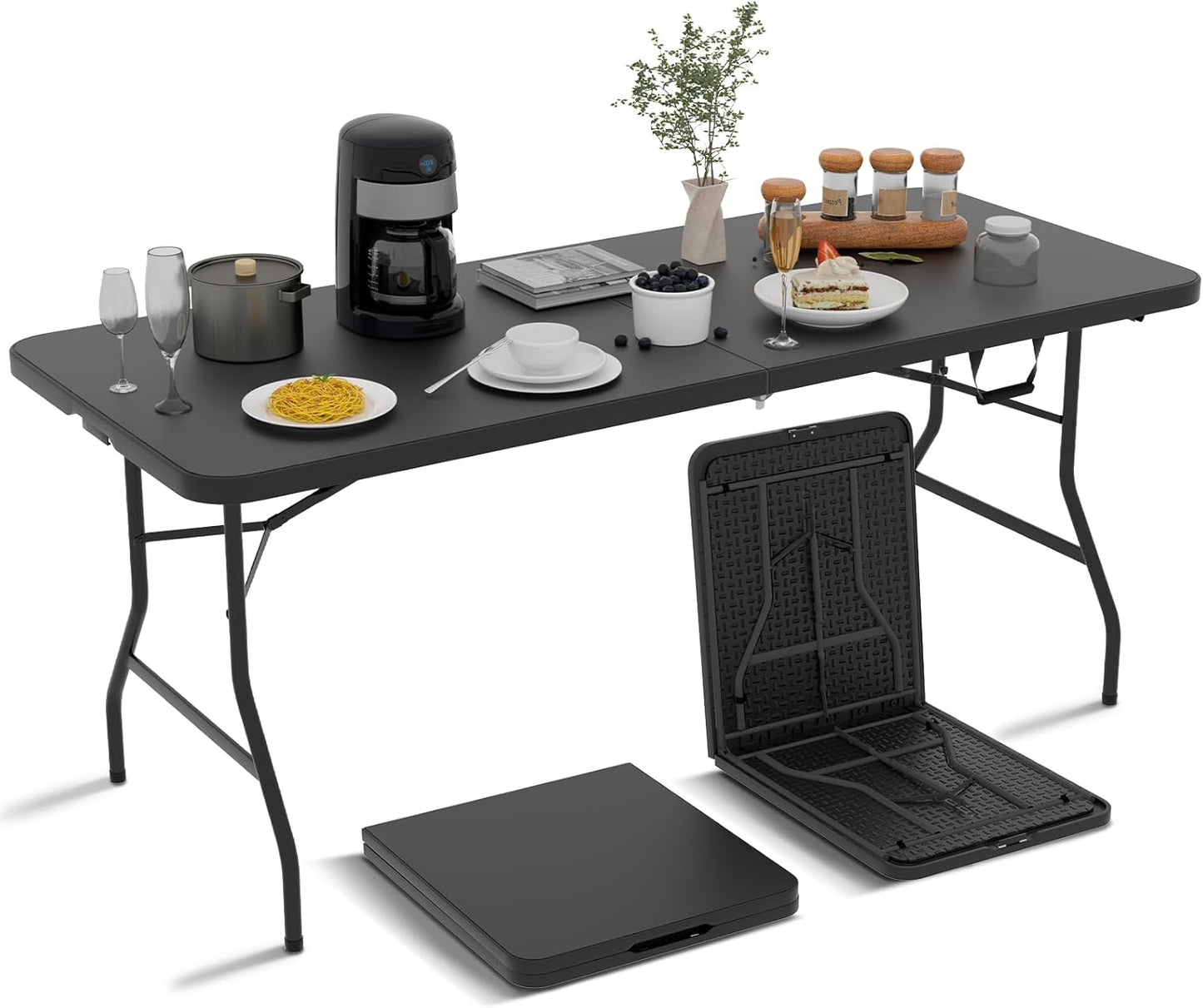 6ft Folding Table - Heavy Duty Portable 6 Foot Plastic Table with Fold-in-Half Design & Carry Handle, Indoor Outdoor Utility Table for Dining, Camping, Parties, Picnics, Tailgating (6FT, Black) ﻿