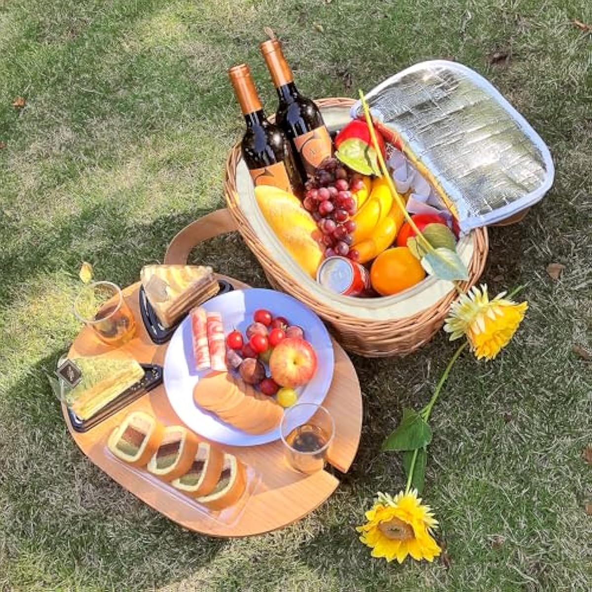 Hap Tim Wicker Picnic Basket Set for 2 with Mini Folding Wine Picnic Table & Large Insulated Cooler Bag & Cutlery Service Kits for 2 Person, Couples Gifts, Wedding Gifts (Y2209-2-CM)