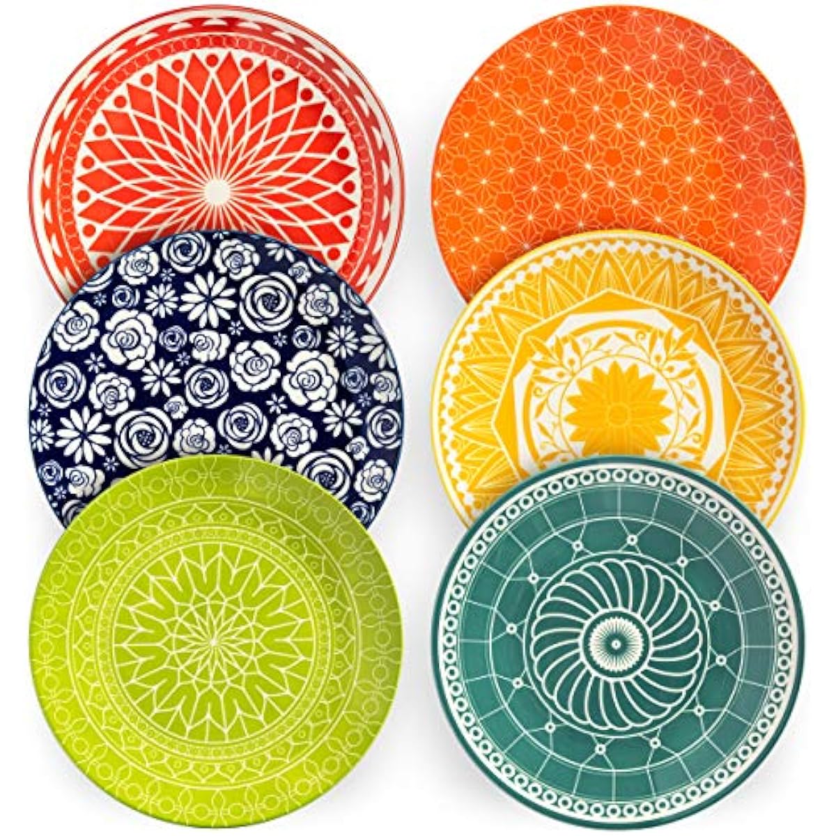 Annovero Dinner Plates - Mismatched Colorful Dinnerware Set of 6 - Fun Decorative Cute Boho Kitchen Dishes - Zero Lead & Cadmium - 10.5 Inch Diameter