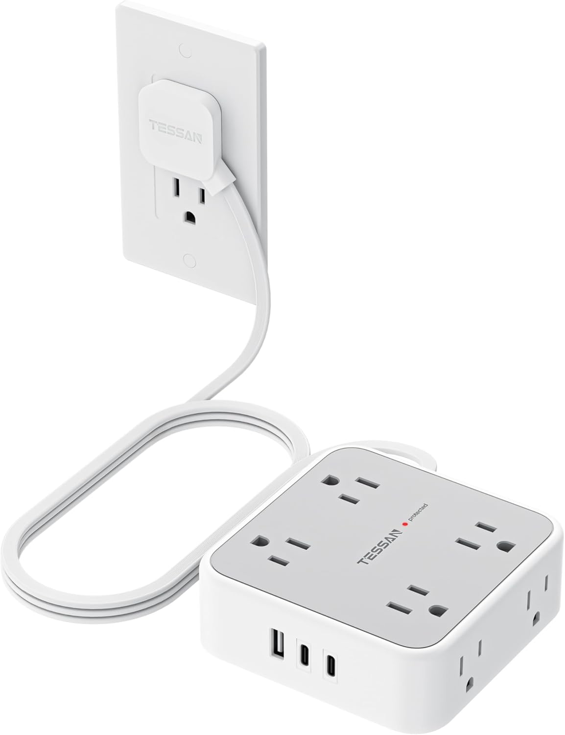 TESSAN Surge Protector Power Strip, 5 Ft Flat Plug Extension Cord with 3 USB (1 USB C) 8 Outlets, 1250W, 900J Protection, 3 Sided Outlet Extender with Power Switch for Office, Dorm Room Essentials