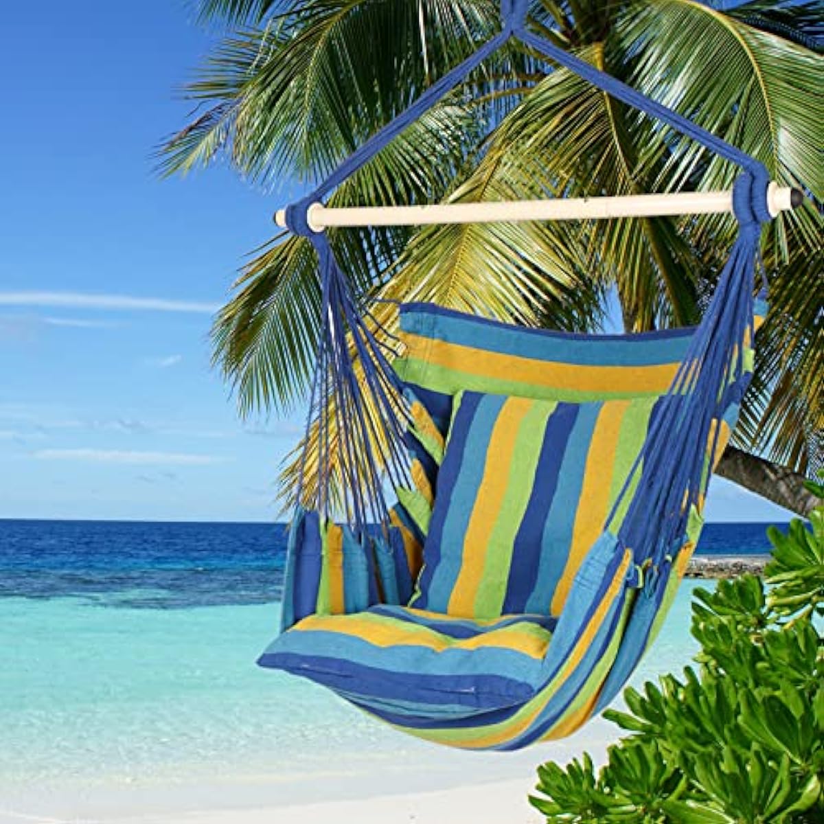 Highwild Hammock Chair Hanging Rope Swing - Max 500 Lbs - 2 Cushions Included - Steel Spreader Bar with Anti-Slip Rings - for Any Indoor or Outdoor Spaces (Blue Striped)
