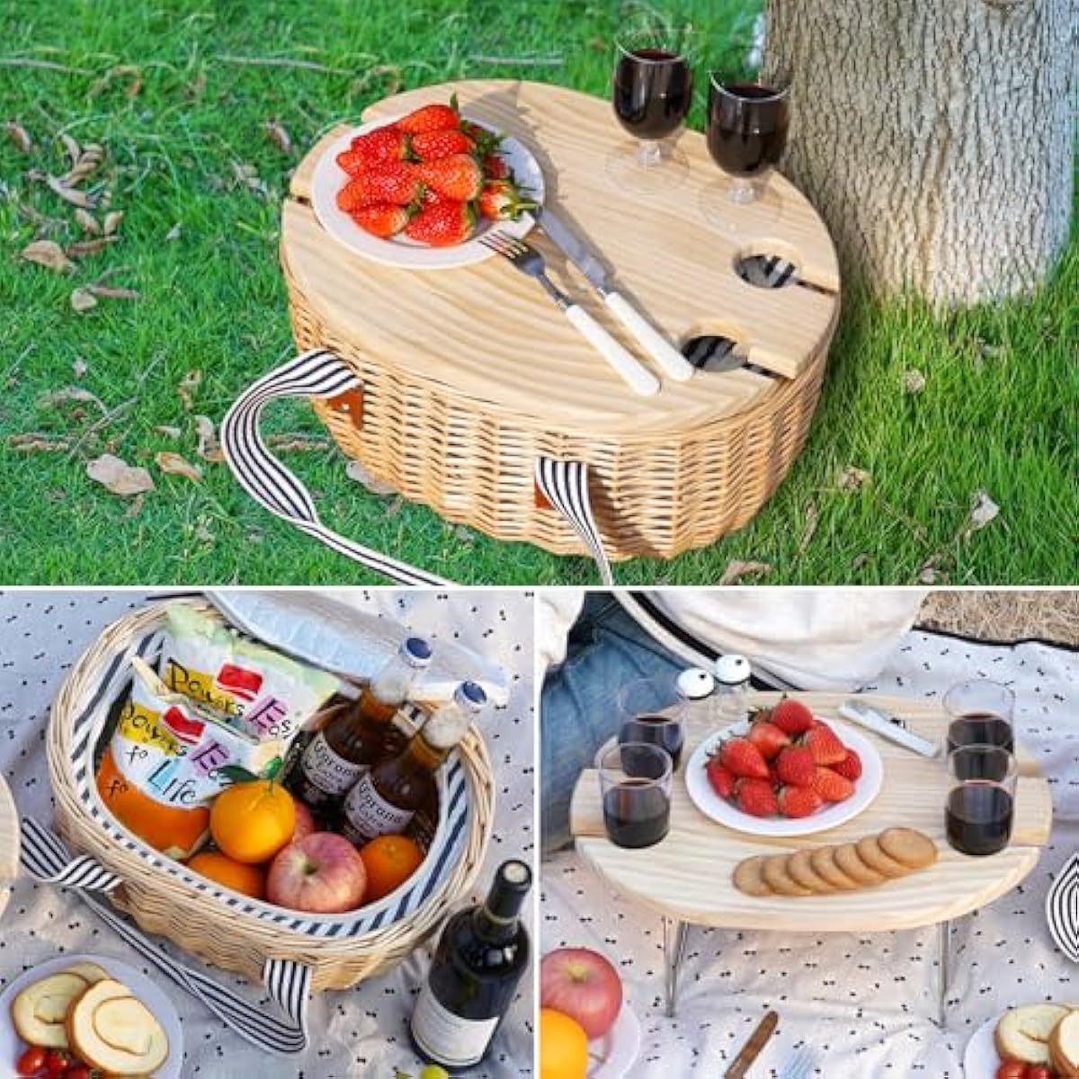 STBoo Picnic Basket for 4, Insulated Wicker Hamper with Folding Table, Willow Picnic Baskets Set with Large Insulated Cooler Bag for Camping Outdoor (Stripe)