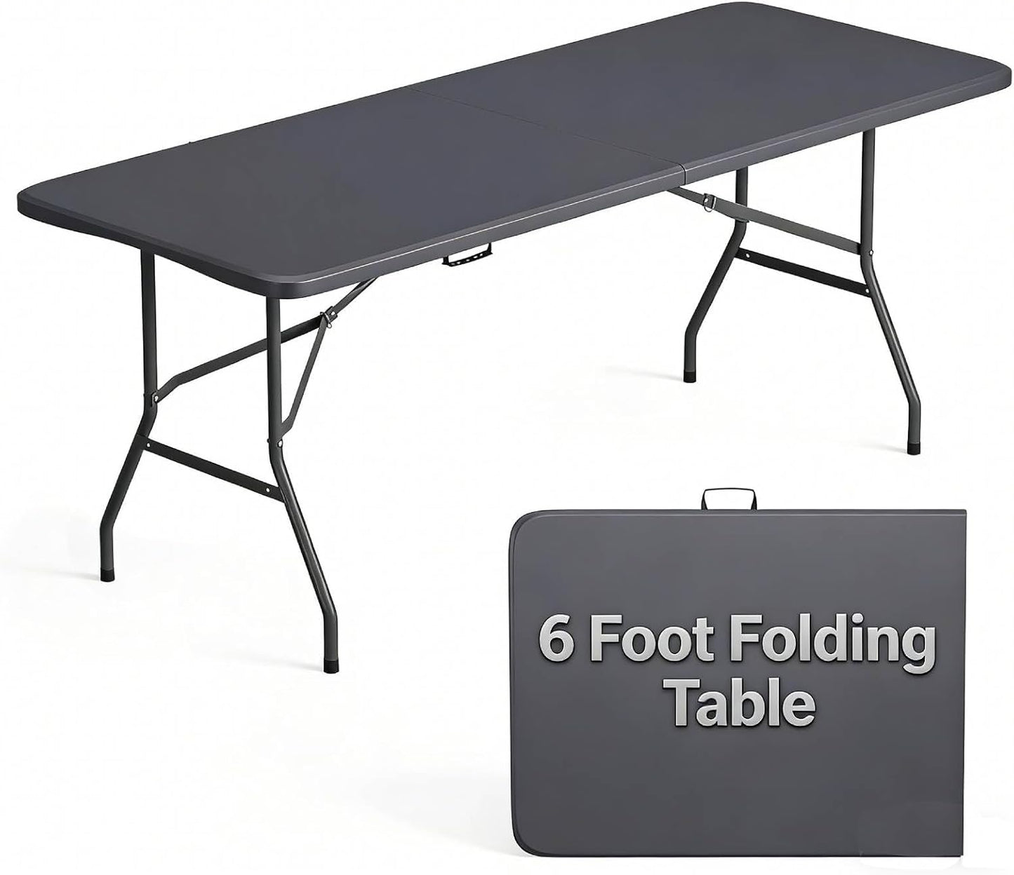 6ft Folding Table - Heavy Duty Portable 6 Foot Plastic Table with Fold-in-Half Design & Carry Handle, Indoor Outdoor Utility Table for Dining, Camping, Parties, Picnics, Tailgating (6FT, Black) ﻿