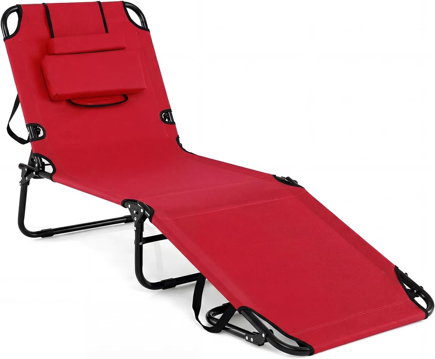 GYMAX Tanning Chair, 330lbs Beach Lounge Chair with Face Hole, Washable Pillow & Carry Strap, Adjustable Folding Chaise Lounge, Layout Chair for Outside, Patio, Poolside, Lawn (1, Stripe)